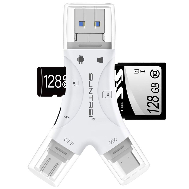 SUNTRSI SD Card Reader for iPhone/ipad/Android/Mac/Computer/Camera,4 in1 Micro SD Card Reader Trail Camera Viewer, Portable Memory Card Reader SD Card Adapter for SD and TF Cards(White) - Image 1